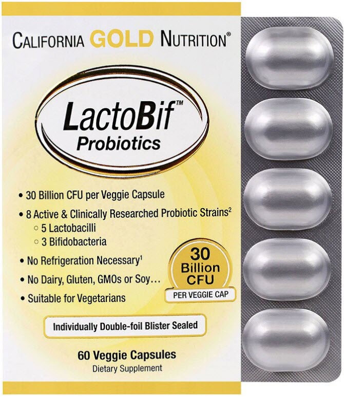 пачка пробиотиков LactoBif на 30 млрд. КОЕ (количество живых микробов) в каждой капсуле