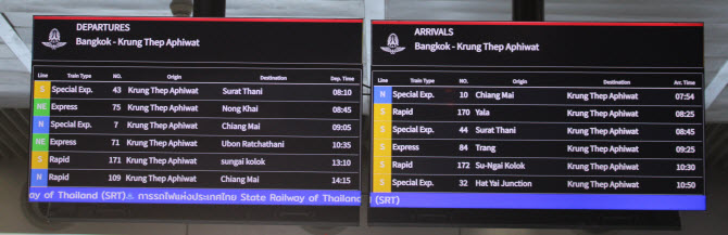 табло прибытия и отбытия поездов в новом ж/д вокзале Бангкока
