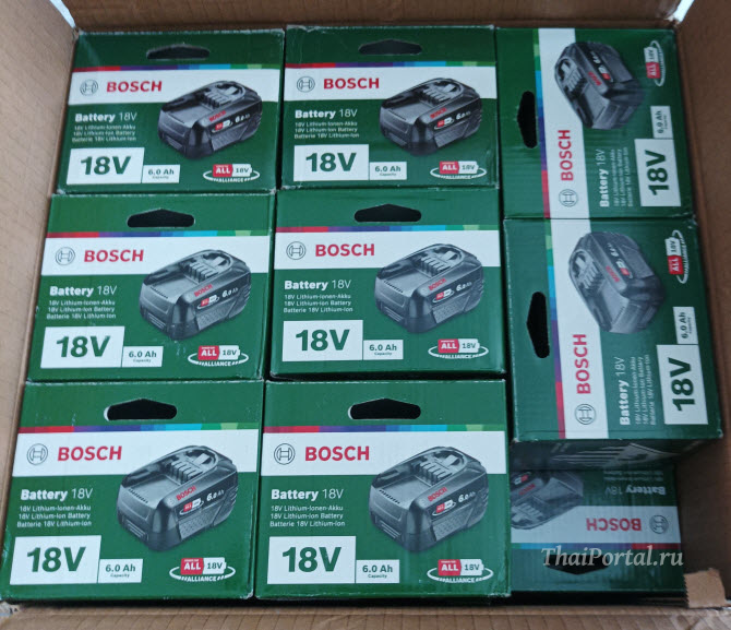 открытая коробка с аккумуляторами Bosch PBA 18V 6Ah (1600A00DD7) из партии товара на продажу